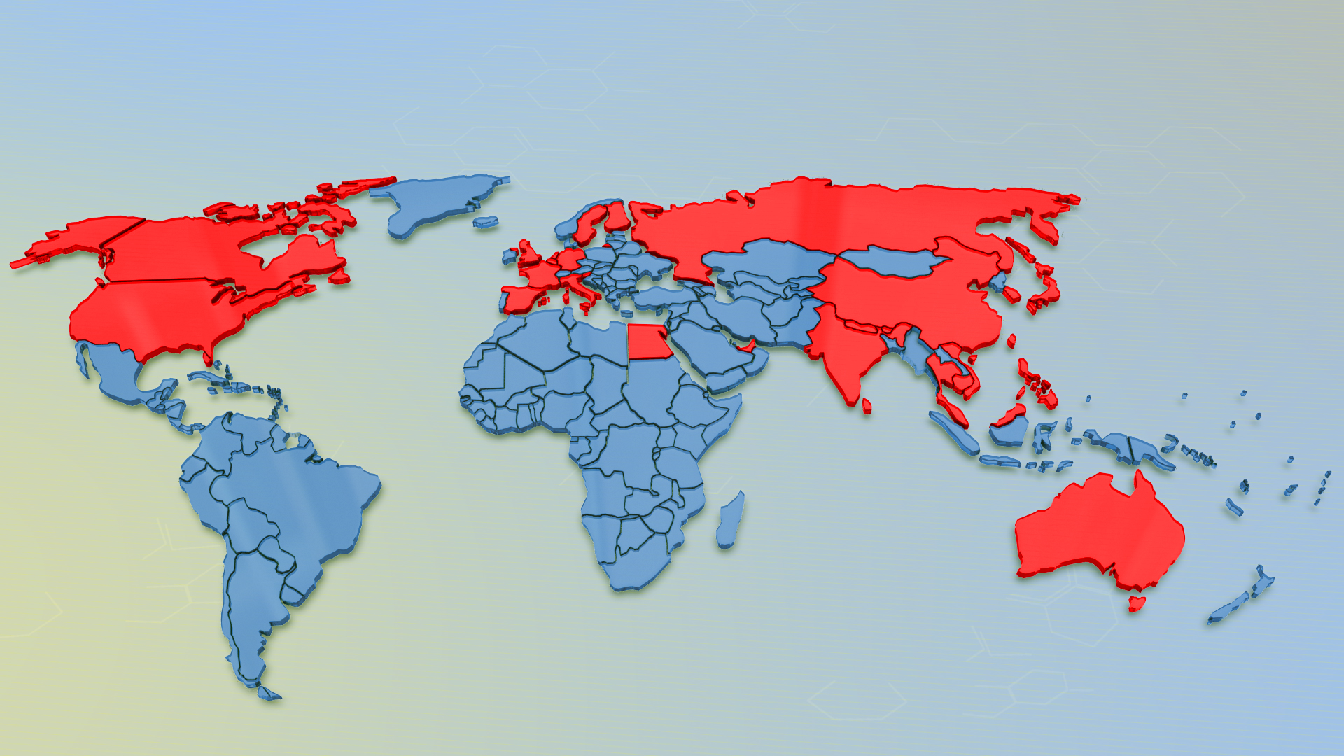 A 3D medical animation still of a map showing countries affected by coronavirus (covid -19)
