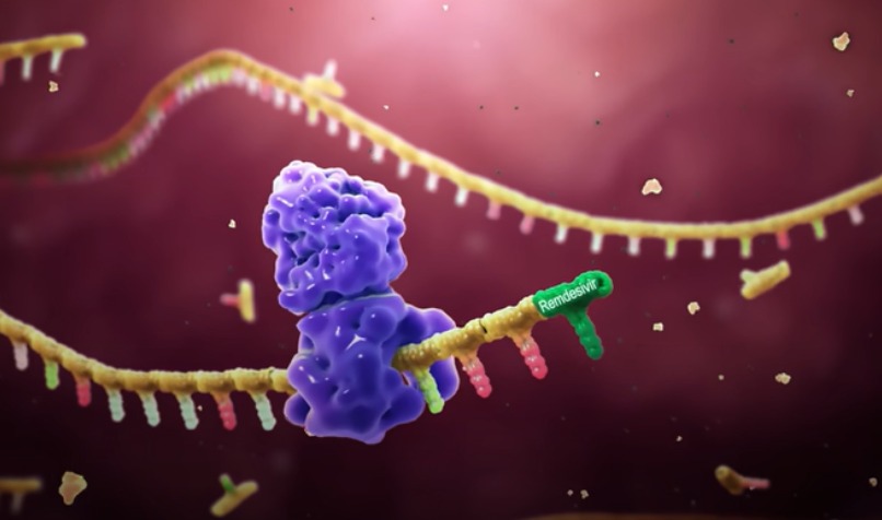 3D Medical Animation Still Shot Showing Remdesivir Binding To RNA Strand Of SARS CoV-2